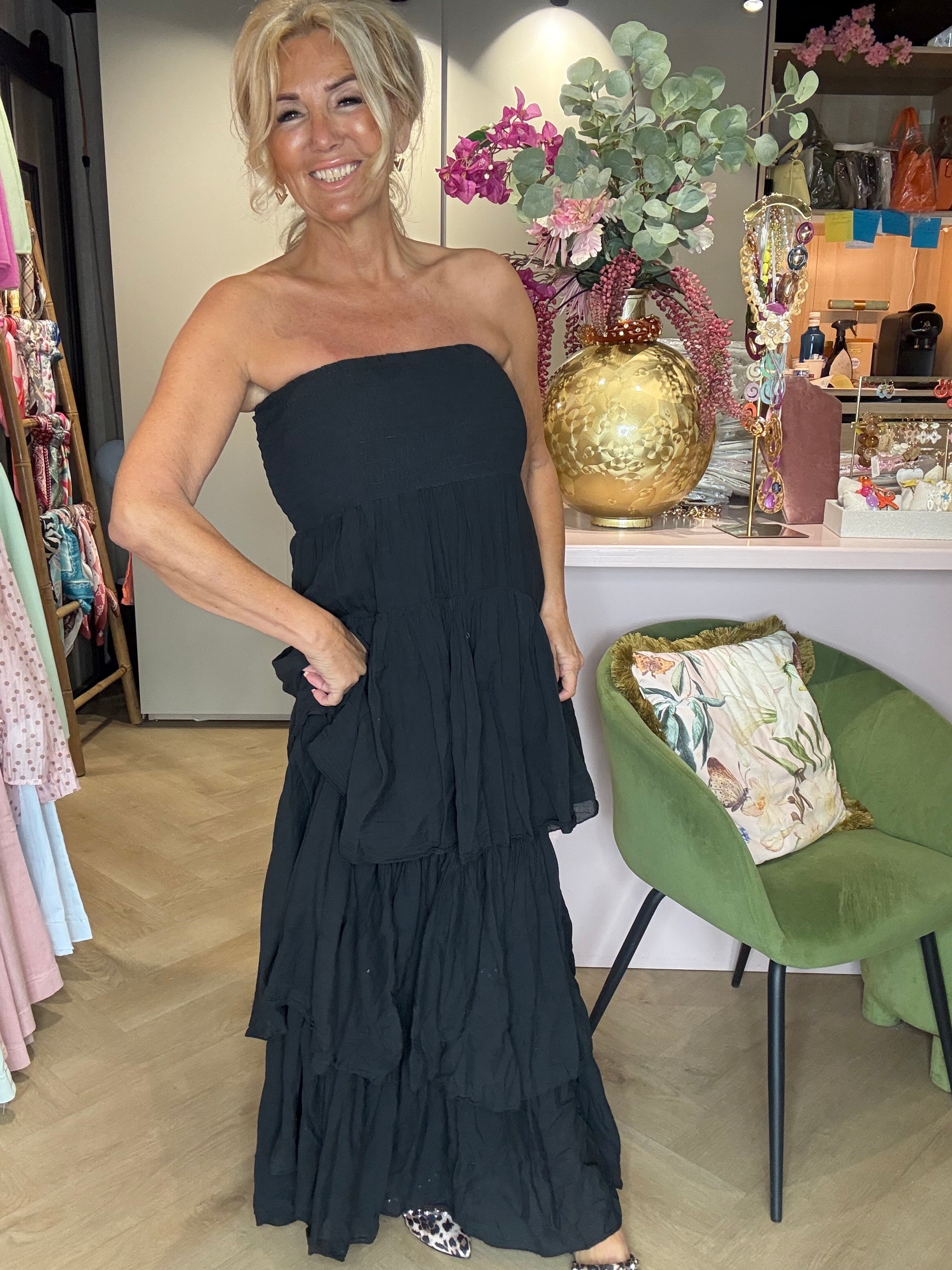 Jurk strapless stroken zwart